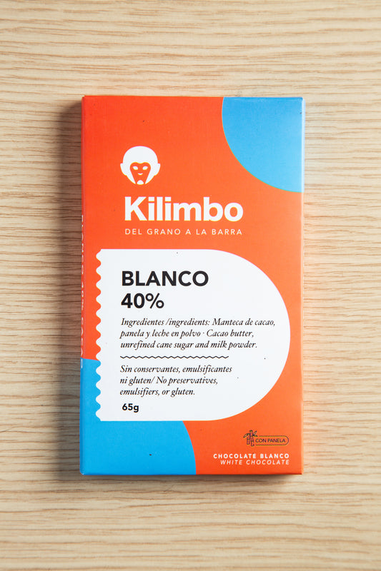 Barra de chocolate blanco 40% cacao endulzado con panela