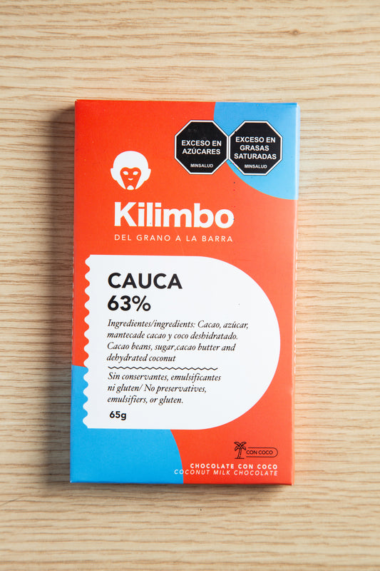 Barra de chocolate 63% cacao de Cauca con leche de coco